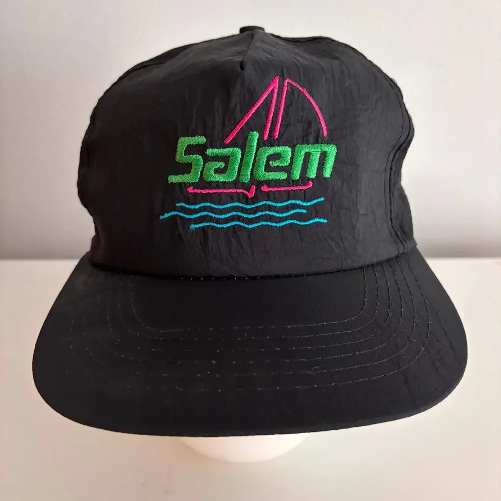 MINT Vtg Salem Cigarettes Snapback Hat Cap Black Nylon Parachute Neon 1980s